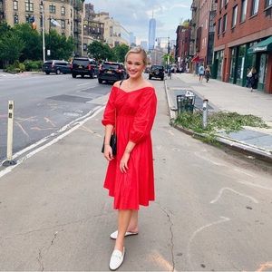 Anthropologie red off the shoulder dress.